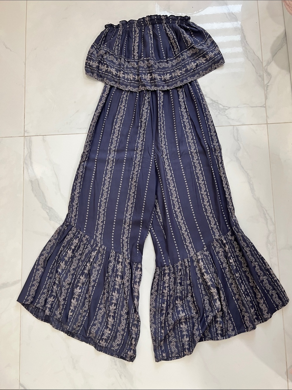 Strapless Navy Printed Wide-Leg Jumpsuit